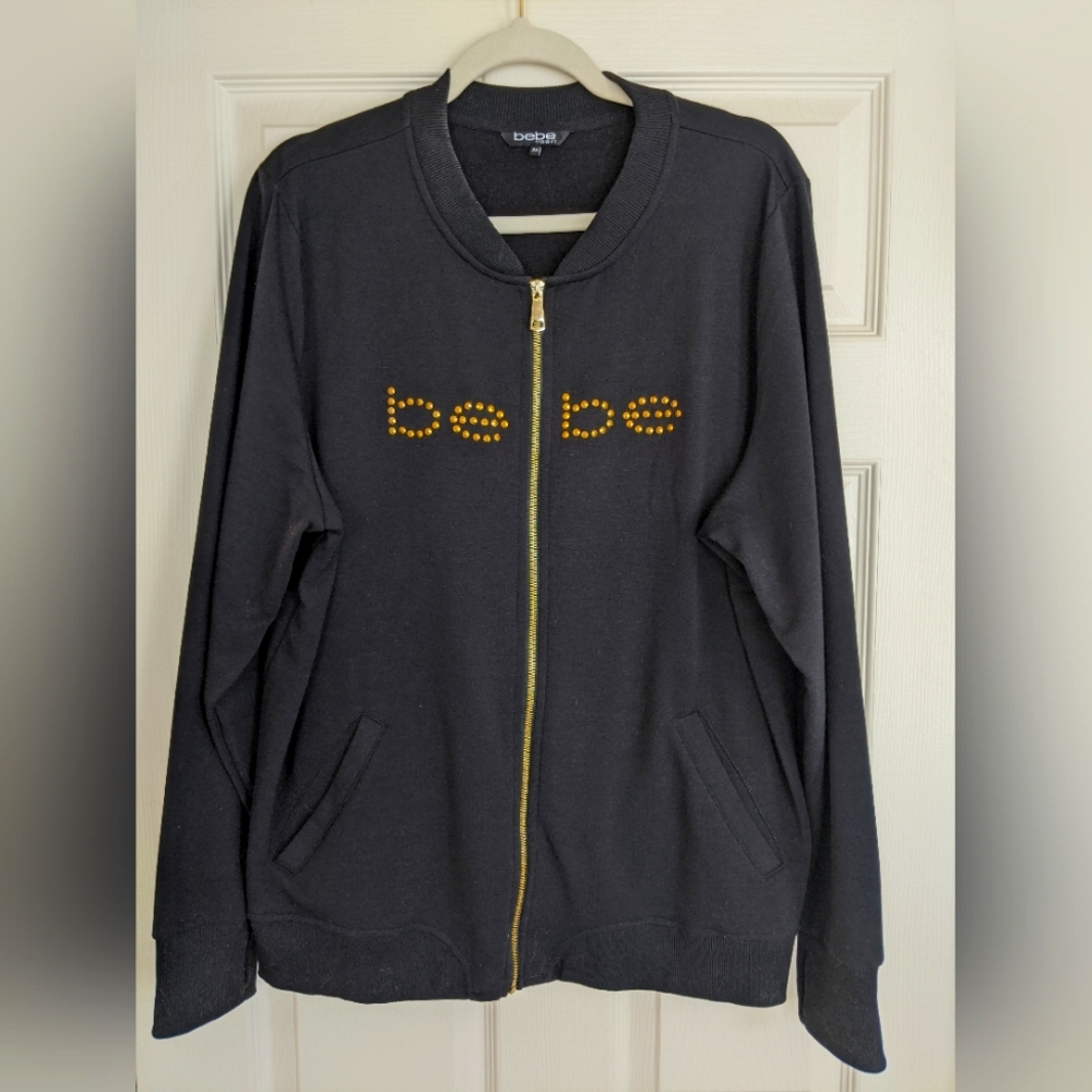 BeBe Sport Full-Zip Sweatshirt, Black with Gold Embellishments, Size 2X